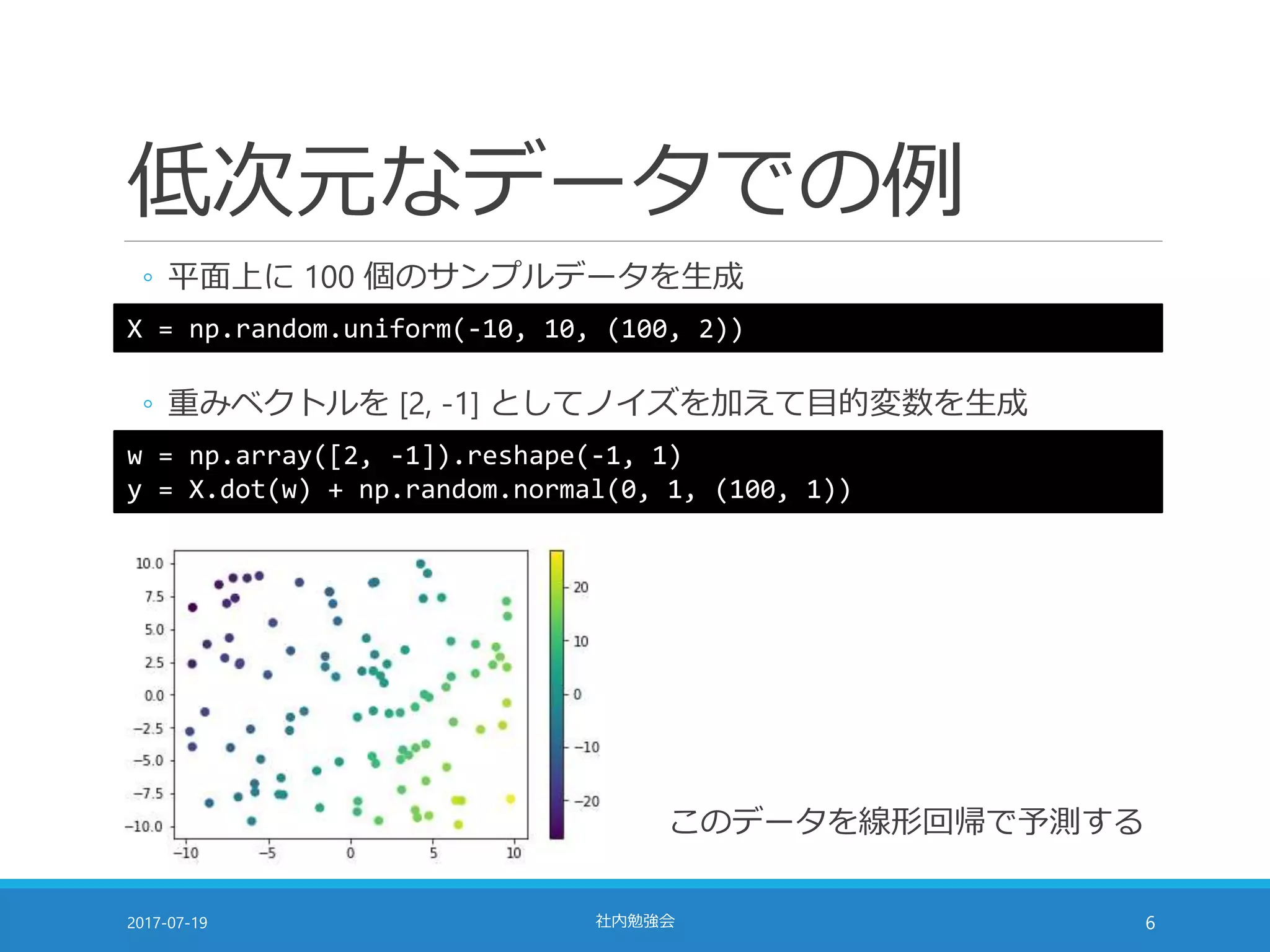 低次元なデータでの例
◦ 平面上に 100 個のサンプルデータを生成
2017-07-19 社内勉強会 6
X = np.random.uniform(-10, 10, (100, 2))
◦ 重みベクトルを [2, -1] としてノイズを加えて目的変数を生成
w = np.array([2, -1]).reshape(-1, 1)
y = X.dot(w) + np.random.normal(0, 1, (100, 1))
このデータを線形回帰で予測する
 