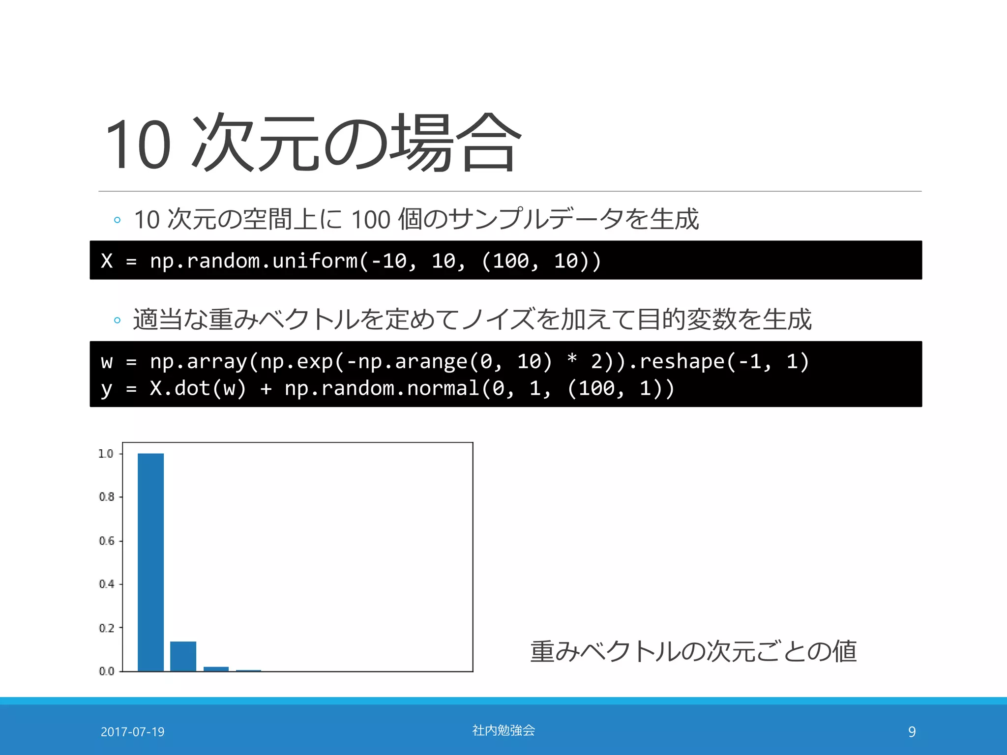 10 次元の場合
◦ 10 次元の空間上に 100 個のサンプルデータを生成
2017-07-19 社内勉強会 9
X = np.random.uniform(-10, 10, (100, 10))
◦ 適当な重みベクトルを定めてノイズを加えて目的変数を生成
w = np.array(np.exp(-np.arange(0, 10) * 2)).reshape(-1, 1)
y = X.dot(w) + np.random.normal(0, 1, (100, 1))
重みベクトルの次元ごとの値
 