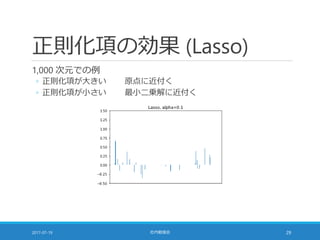正則化項の効果 (Lasso)
1,000 次元での例
◦ 正則化項が大きい 原点に近付く
◦ 正則化項が小さい 最小二乗解に近付く
2017-07-19 社内勉強会 29
 