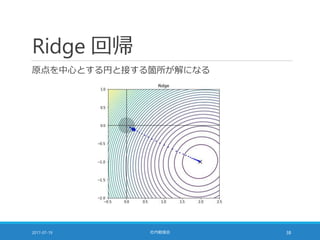 Ridge 回帰
原点を中心とする円と接する箇所が解になる
2017-07-19 社内勉強会 38
 