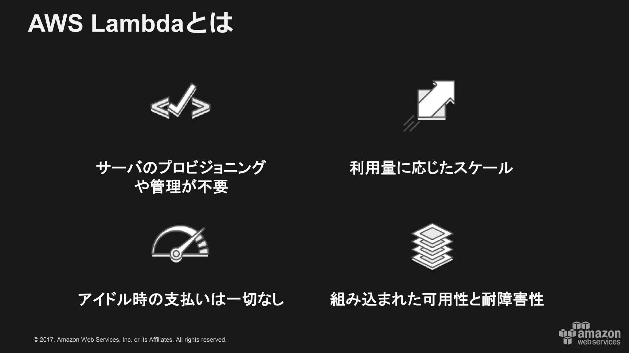 © 2017, Amazon Web Services, Inc. or its Affiliates. All rights reserved.
サーバのプロビジョニング
や管理が不要
利用量に応じたスケール
アイドル時の支払いは一切なし 組み込まれた可用性と耐障害性
AWS Lambdaとは
 