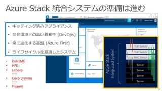 • キッティング済みアプライアンス
• 開発環境との高い親和性 (DevOps)
• 常に進化する基盤 (Azure First)
• ライフサイクルを意識したシステム
• Dell EMC
• HPE
• Lenovo
----
• Cisco Systems
----
• Huawei
14
 