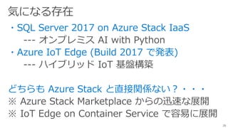 --- オンプレミス AI with Python
--- ハイブリッド IoT 基盤構築
※ Azure Stack Marketplace からの迅速な展開
※ IoT Edge on Container Service で容易に展開
26
 
