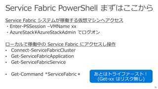 Service Fabric システムが稼働する仮想マシンへアクセス
・Enter-PSSession –VMName xx
・AzureStackAzureStackAdmin でログオン
ローカルで稼働中の Service Fabric にアクセスし操作
• Connect-ServiceFabricCluster
• Get-ServiceFabricApplication
• Get-ServiceFabricService
• Get-Command *ServiceFabric＊
36
 