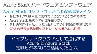 • 各社の H/W は大量に売れている(売れる) もので構成
• Azure Stack 用の H/W は存在しない
• 各社の独自性とAzure Stackとしての共通項の整理は容易
• CPU の世代交代時期やストレージの進化にも注目
43
ハイブリッドクラウドとして進化する
Azure & Azure Stack
是非ビジネスにご活用ください。
 