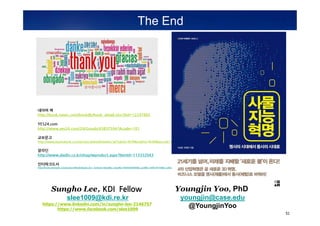 INSIDabcdef_:MS_0001MS_0001
51
The End
??? ?
http://book.naver.com/bookdb/book_detail.nhn?bid=12247892
YES24.com
http://www.yes24.com/24/Goods/43837594?Acode=101
????
http://www.kyobobook.co.kr/product/detailViewKor.laf?ejkGb=KOR&mallGb=KOR&barcode=9791188272013&orderClick=LET&Kc=
???
http://www.aladin.co.kr/shop/wproduct.aspx?ItemId=113332043
??????
http://book.interpark.com/product/BookDisplay.do?_method=detail&sc.shopNo=0000400000&sc.prdNo=268539104&sc.saNo=003002001&bid1=search&bid2=product&bid3=title&bid4=001
Sungho Lee, KDI Fellow
slee1009@kdi.re.kr
https://www.linkedin.com/in/sungho-lee-2146757
https://www.facebook.com/slee1009
Youngjin Yoo, PhD
youngjin@case.edu
@YoungjinYoo
 