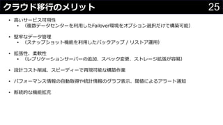 25クラウド移行のメリット
• 高いサービス可用性
• （複数データセンターを利用したFailover環境をオプション選択だけで構築可能）
• 堅牢なデータ管理
• （スナップショット機能を利用したバックアップ / リストア運用）
• 拡張性、柔軟性
• （レプリケーションサーバーの追加、スペック変更、ストレージ拡張が容易）
• 設計コスト削減、スピーディーで再現可能な構築作業
• パフォーマンス情報の自動取得や統計情報のグラフ表示、閾値によるアラート通知
• 断続的な機能拡充
 