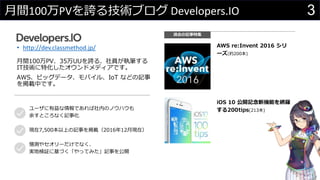3月間100万PVを誇る技術ブログ Developers.IO
• http://dev.classmethod.jp/
3
月間100万PV、35万UUを誇る、社員が執筆する
IT技術に特化したオウンドメディアです。
AWS、ビッグデータ、モバイル、IoT などの記事
を掲載中です。
ユーザに有益な情報であれば社内のノウハウも
余すところなく記事化
現在7,500本以上の記事を掲載（2016年12月現在）
憶測やセオリーだけでなく、
実地検証に基づく「やってみた」記事を公開
AWS re:Invent 2016 シリ
ーズ(約200本)
iOS 10 公開記念新機能を網羅
する200tips(213本)
過去の記事特集
 