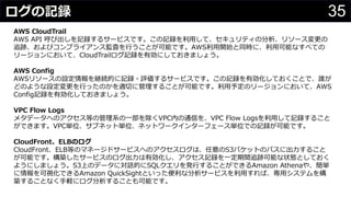 35ログの記録
わさびちゃん
AWS CloudTrail
AWS API 呼び出しを記録するサービスです。この記録を利用して、セキュリティの分析、リソース変更の
追跡、およびコンプライアンス監査を行うことが可能です。AWS利用開始と同時に、利用可能なすべての
リージョンにおいて、CloudTrailログ記録を有効にしておきましょう。
AWS Config
AWSリソースの設定情報を継続的に記録・評価するサービスです。この記録を有効化しておくことで、誰が
どのような設定変更を行ったのかを適切に管理することが可能です。利用予定のリージョンにおいて、AWS
Config記録を有効化しておきましょう。
VPC Flow Logs
メタデータへのアクセス等の管理系の一部を除くVPC内の通信を、VPC Flow Logsを利用して記録すること
ができます。VPC単位、サブネット単位、ネットワークインターフェース単位での記録が可能です。
CloudFront、ELBのログ
CloudFront、ELB等のマネージドサービスへのアクセスログは、任意のS3バケットのパスに出力すること
が可能です。構築したサービスのログ出力は有効化し、アクセス記録を一定期間追跡可能な状態としておく
ようにしましょう。S3上のデータに対話的にSQLクエリを発行することができるAmazon Athenaや、簡単
に情報を可視化できるAmazon QuickSightといった便利な分析サービスを利用すれば、専用システムを構
築することなく手軽にログ分析することも可能です。
 