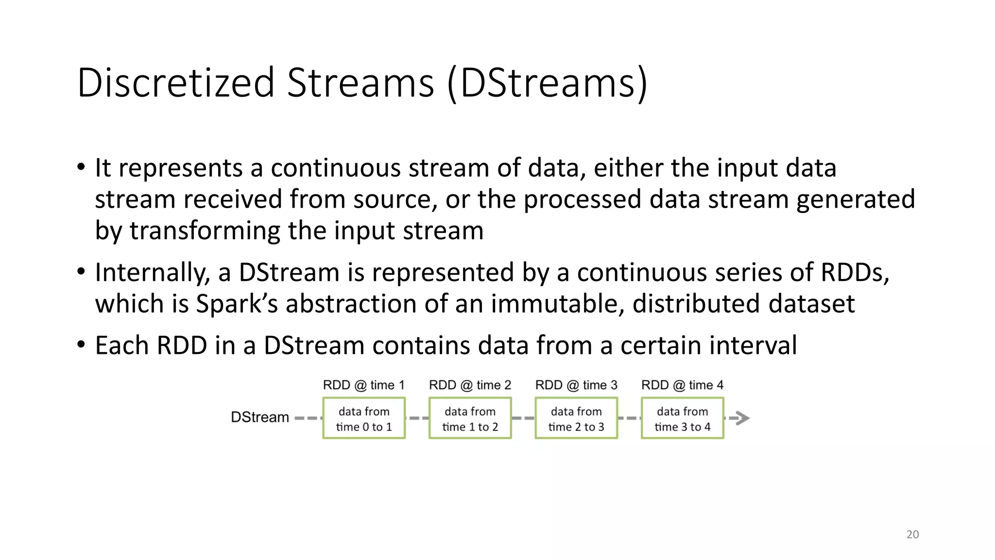 Discretized Streams (DStreams)
• It represents a continuous stream of data, either the input data
stream received from source, or the processed data stream generated
by transforming the input stream
• Internally, a DStream is represented by a continuous series of RDDs,
which is Spark’s abstraction of an immutable, distributed dataset
• Each RDD in a DStream contains data from a certain interval
20
 