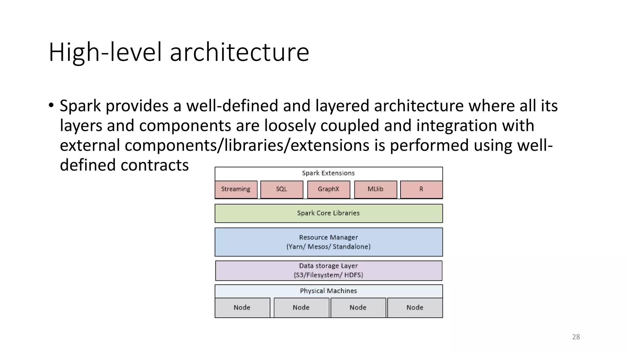High-level architecture
• Spark provides a well-defined and layered architecture where all its
layers and components are loosely coupled and integration with
external components/libraries/extensions is performed using well-
defined contracts
28
 