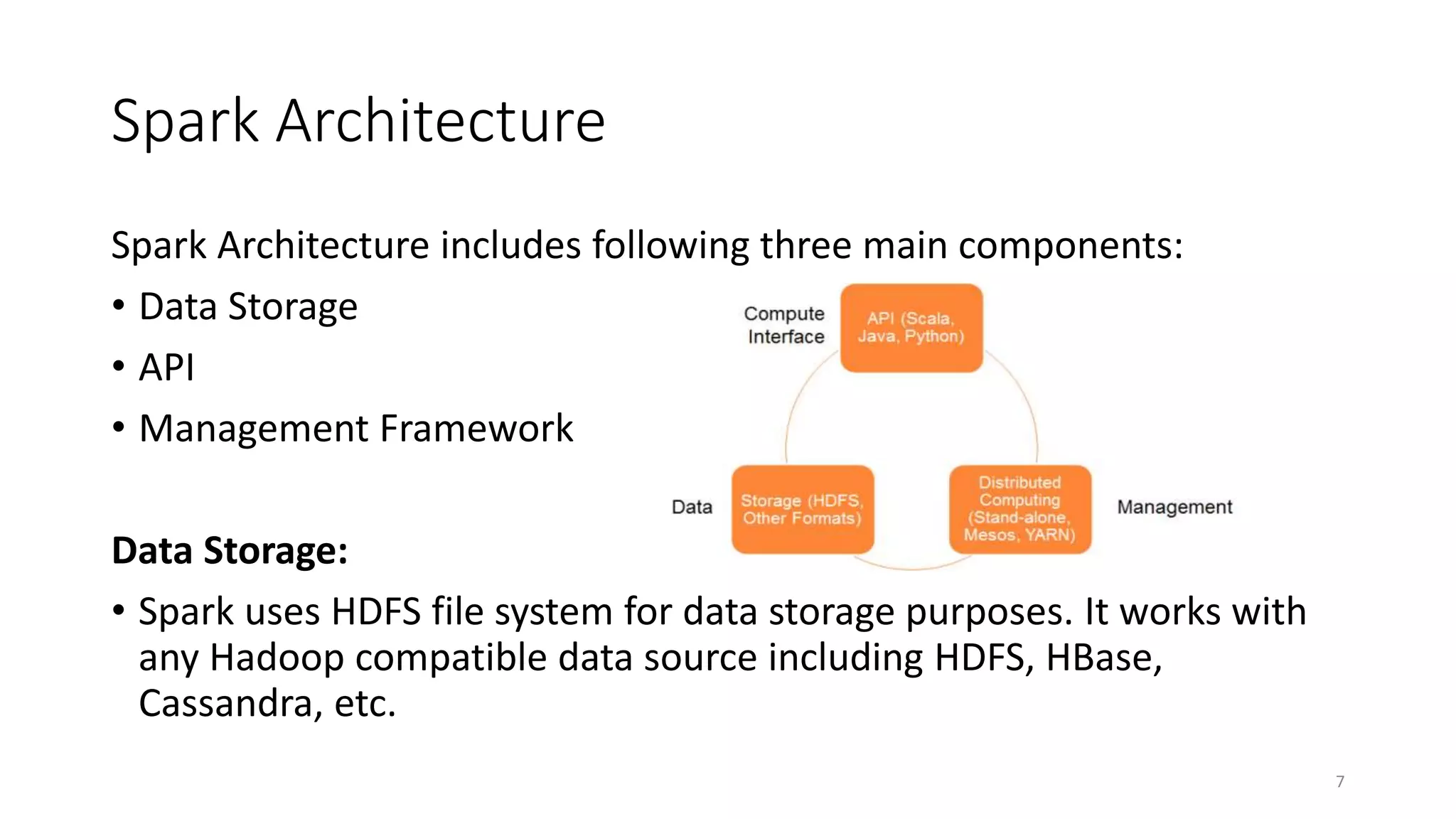 Spark Architecture
Spark Architecture includes following three main components:
• Data Storage
• API
• Management Framework
Data Storage:
• Spark uses HDFS file system for data storage purposes. It works with
any Hadoop compatible data source including HDFS, HBase,
Cassandra, etc.
7
 