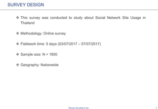 1
SURVEY DESIGN
 This survey was conducted to study about Social Network Site Usage in
Thailand
 Methodology: Online survey
 Fieldwork time: 5 days (03/07/2017 – 07/07/2017)
 Sample size: N = 1800
 Geography: Nationwide
 