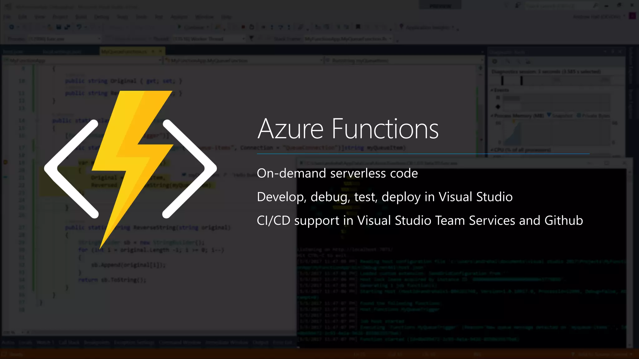 Azure Functions
On-demand serverless code
Develop, debug, test, deploy in Visual Studio
CI/CD support in Visual Studio Team Services and Github
 
