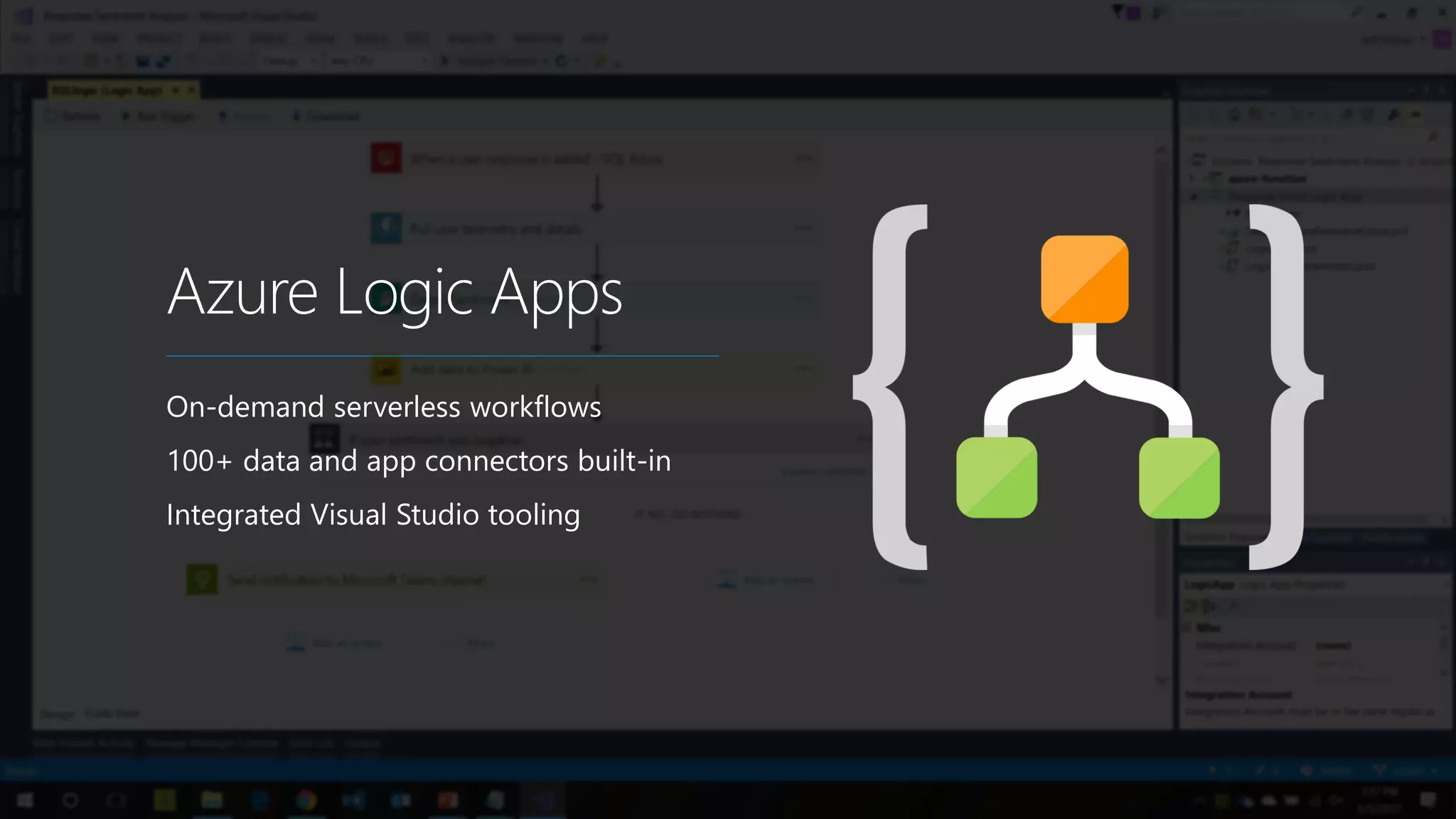 Azure Logic Apps
On-demand serverless workflows
100+ data and app connectors built-in
Integrated Visual Studio tooling
 