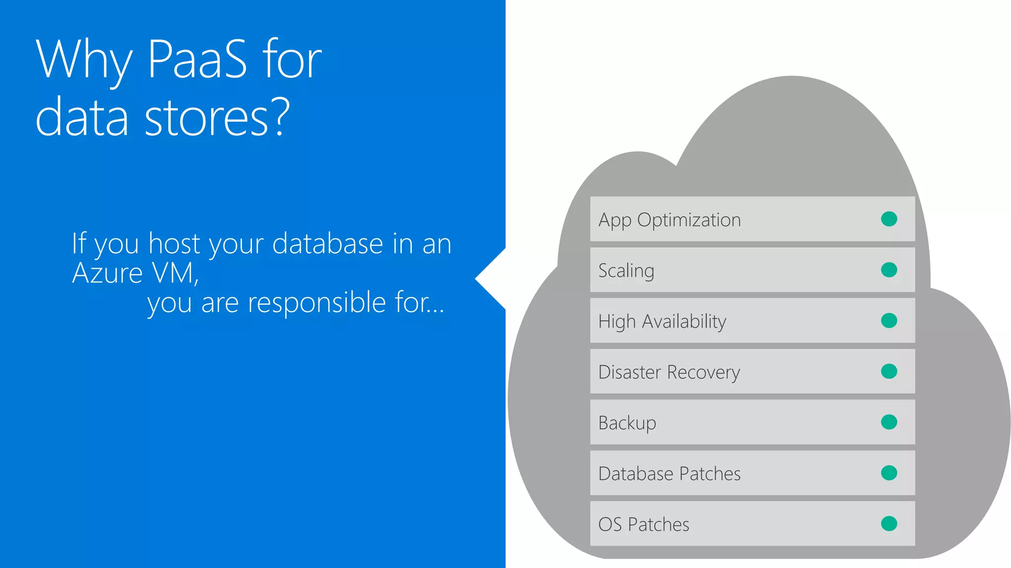 Why PaaS for
data stores?
If you host your database in an
Azure VM,
you are responsible for…
App Optimization
Scaling
High Availability
Disaster Recovery
Backup
Database Patches
OS Patches
 