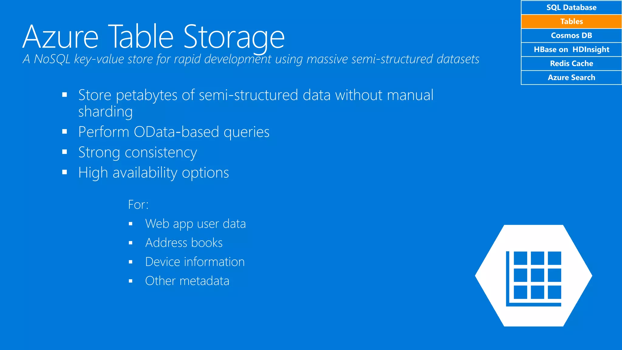 For:
▪ Web app user data
▪ Address books
▪ Device information
▪ Other metadata
SQL Database
Tables
Cosmos DB
HBase on HDInsight
Redis Cache
Azure Search
 