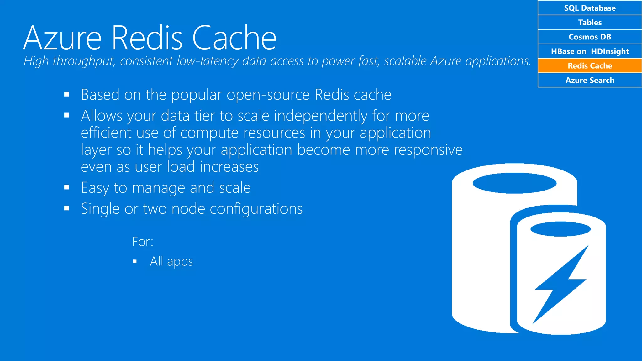 For:
▪ All apps
SQL Database
Tables
Cosmos DB
HBase on HDInsight
Redis Cache
Azure Search
 