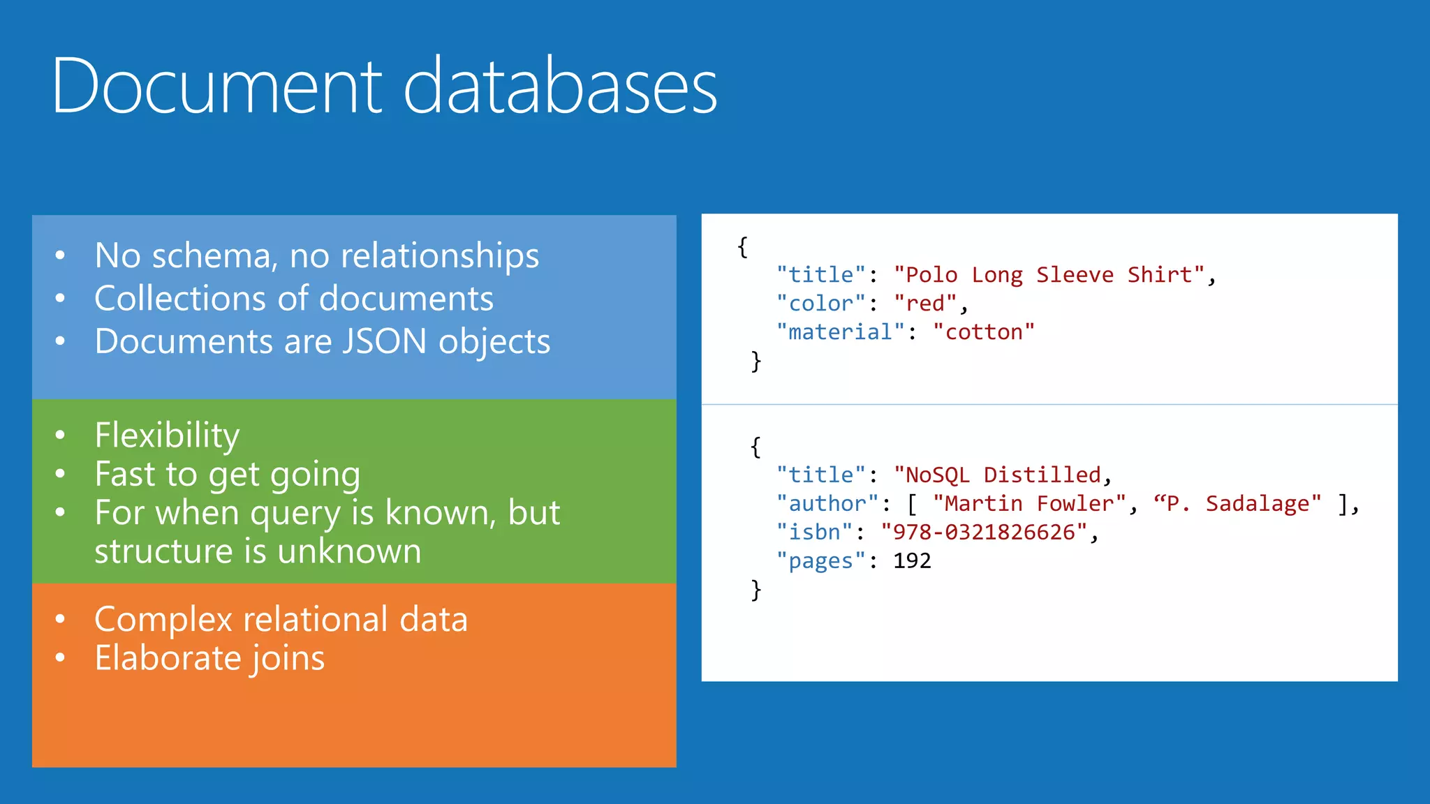 • No schema, no relationships
• Collections of documents
• Documents are JSON objects
{
"title": "Polo Long Sleeve Shirt",
"color": "red",
"material": "cotton"
}
{
"title": "NoSQL Distilled,
"author": [ "Martin Fowler", “P. Sadalage" ],
"isbn": "978-0321826626",
"pages": 192
}
 