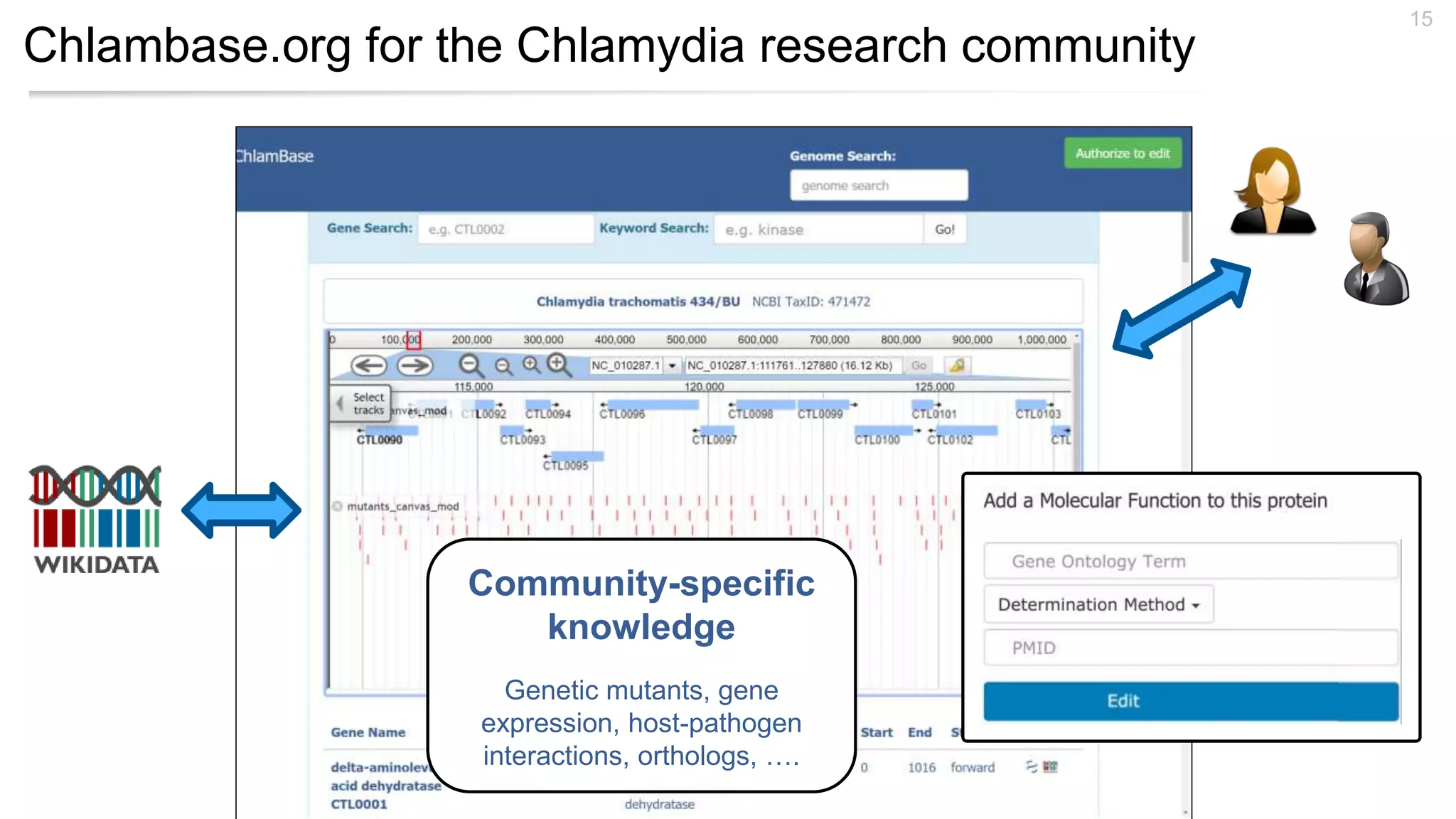 Chlambase.org for the Chlamydia research community
15
Community-specific
knowledge
Genetic mutants, gene
expression, host-pathogen
interactions, orthologs, ….
 