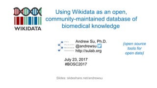 Using Wikidata as an open,
community-maintained database of
biomedical knowledge
Andrew Su, Ph.D.
@andrewsu
http://sulab.org
July 23, 2017
#BOSC2017
Slides: slideshare.net/andrewsu
(open source
tools for
open data)
 