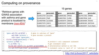 Computing on provenance
11
“Retrieve genes with
GWAS association
with asthma and gene
product is localized to
membrane (non-IEA)”
gene geneLabel gene geneLabel gene geneLabel
Q14912759 SLC22A5 Q18045382 HPSE2 Q17917202 ERBB4
Q14914243 PSAP Q18027822 IL2RB Q18027836 IL6R
Q14907990 SLC30A8 Q14903974 SMAD3 Q18030409 PDE4D
Q18027370 IGSF3 Q18035037 RAD50 Q18030185 NOTCH4
Q18033424 IL18R1 Q18036729 RAP1GAP2 Q18026947 HLA-DQA1
15 genes
http://bit.ly/bosc2017_wikidata
 