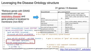 Leveraging the Disease Ontology structure
12
“Retrieve genes with GWAS
association with any
respiratory disease and
gene product is localized to
membrane (non-IEA)”
31 genes / 8 diseases
diseaseGALabel gene_counts geneList
asthma 15
SMAD3, RAP1GAP2, IL18R1, HPSE2,
SLC30A8, SLC22A5, PSAP, ERBB4, HLA-
DQA1, IGSF3, IL2RB, IL6R, NOTCH4, PDE4D,
RAD50
chronic obstructive pulmonary
disease 5 HLA-C, SFTPD, ANXA5, ANXA11, ATP2C2
lung cancer 3 TGM5, VTI1A, PHACTR2
interstitial lung disease 2 DSP, ATP11A
non-small-cell lung carcinoma 2 NALCN, DLST
nasopharynx carcinoma 2 ITGA9, TNFRSF19
adenocarcinoma of the lung 1 BTNL2
pulmonary emphysema 1 BICD1
http://bit.ly/bosc2017_wikidata
 