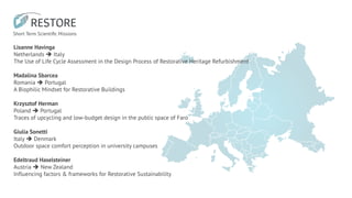 Lisanne Havinga
Netherlands  Italy
The Use of Life Cycle Assessment in the Design Process of Restorative Heritage Refurbishment
Madalina Sbarcea
Romania  Portugal
A Biophilic Mindset for Restorative Buildings
Krzysztof Herman
Poland  Portugal
Traces of upcycling and low-budget design in the public space of Faro
Giulia Sonetti
Italy  Denmark
Outdoor space comfort perception in university campuses
Edeltraud Haselsteiner
Austria  New Zealand
Influencing factors & frameworks for Restorative Sustainability
 