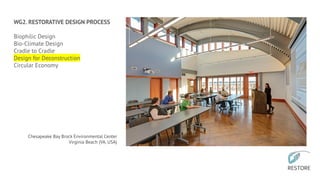WG2. RESTORATIVE DESIGN PROCESS
Biophilic Design
Bio-Climate Design
Cradle to Cradle
Design for Deconstruction
Circular Economy
Chesapeake Bay Brock Environmental Center
Virginia Beach (VA, USA)
 