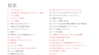 目次
1. イントロダクション
2. SRE の観点から見たGoogle のプロダクション環境
3. リスクの受容
4. サービスレベル目標
5. トイルの撲滅
6. 分散システムのモニタリング
7. Google における自動化の進化
8. リリースエンジニアリング
9. 単純さ
10. 時系列データからの実践的なアラート
11. オンコール対応
12. 効果的なトラブルシューティング
13. 緊急対応
14. インシデント管理
15. ポストモーテムの文化：失敗からの学び
16. サービス障害の追跡
17. 信頼性のためのテスト
18. SRE におけるソフトウェアエンジニアリング
19. フロントエンドにおけるロードバランシング
20. データセンターでのロードバランシング
21. 過負荷への対応
22. カスケード障害への対応
23. クリティカルな状態の管理: 信頼性のための分散合意
24. cron による分散定期スケジューリング
25. データ処理のパイプライン
26. データの完全性
27. 大規模なプロダクトのローンチにおける信頼性
28. SRE の成長を加速する方法
29. 割り込みへの対処
30. SRE の投入による運用過負荷からのリカバリ
31. SRE におけるコミュニケーションとコラボレーション
32. 進化するSRE のエンゲージメントモデル
33. 他の業界からの教訓
34. まとめ
 