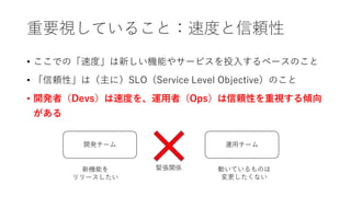 重要視していること：速度と信頼性
• ここでの「速度」は新しい機能やサービスを投入するペースのこと
• 「信頼性」は（主に）SLO（Service Level Objective）のこと
• 開発者（Devs）は速度を、運用者（Ops）は信頼性を重視する傾向
がある
開発チーム 運用チーム
新機能を
リリースしたい
動いているものは
変更したくない
緊張関係
 