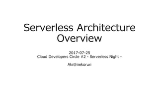 Serverless Architecture
Overview
2017-07-25
Cloud Developers Circle #2 - Serverless Night -
Aki@nekoruri
 