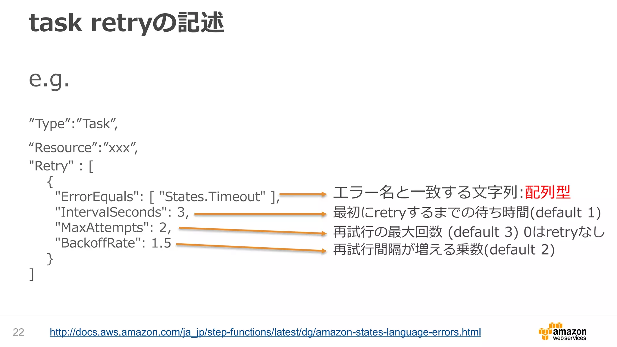 task retryの記述
e.g.
”Type”:”Task”,
“Resource”:”xxx”,
"Retry" : [
{
"ErrorEquals": [ "States.Timeout" ],
"IntervalSeconds": 3,
"MaxAttempts": 2,
"BackoffRate": 1.5
}
]
22 http://docs.aws.amazon.com/ja_jp/step-functions/latest/dg/amazon-states-language-errors.html
再試行の最大回数 (default 3) 0はretryなし
最初にretryするまでの待ち時間(default 1)
エラー名と一致する文字列:配列型
再試行間隔が増える乗数(default 2)
 