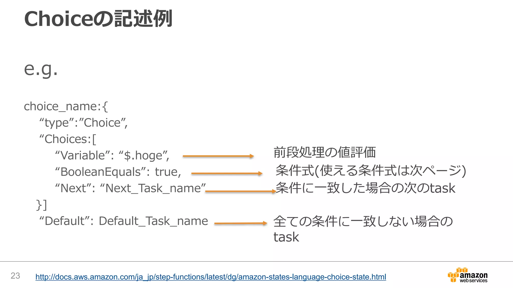 Choiceの記述例
e.g.
choice_name:{
“type”:”Choice”,
“Choices:[
“Variable”: “$.hoge”,
“BooleanEquals”: true,
“Next”: “Next_Task_name”
}]
“Default”: Default_Task_name
23 http://docs.aws.amazon.com/ja_jp/step-functions/latest/dg/amazon-states-language-choice-state.html
前段処理の値評価
条件式(使える条件式は次ページ)
条件に一致した場合の次のtask
全ての条件に一致しない場合の
task
 