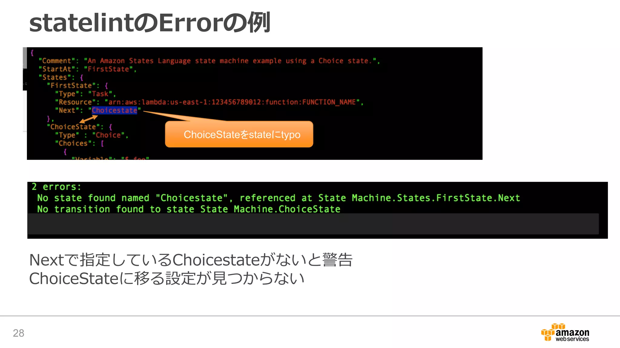 statelintのErrorの例
28
ChoiceStateをstateにtypo
Nextで指定しているChoicestateがないと警告
ChoiceStateに移る設定が見つからない
 