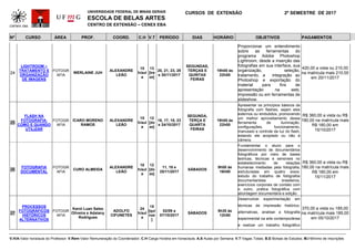 UNIVERSIDADE FEDERAL DE MINAS GERAIS
ESCOLA DE BELAS ARTES
CENTRO DE EXTENSÃO – CENEX EBA
CURSOS DE EXTENSÃO 2º SEMESTRE DE 2017
Nº CURSO ÁREA PROF. COORD. C.H V.T PERÍODO DIAS HORÁRIO OBJETIVOS PAGAMENTOS
V.H/A-Valor hora/aula do Professor; V.Rem-Valor Remuneração do Coordenador; C.H-Carga Horária em horas/aula; A.S-Aulas por Semana; V.T-Vagas Totais; B.E-Bolsas de Estudos; M.I-Mínimo de Inscrições
24
LIGHTROOM –
TRATAMENTO E
ORGANIZAÇÃO
DE IMAGENS
FOTOGR
AFIA
WERLAINE JUH
ALEXANDRE
LEÃO
15
h/aul
a
13
[tre
ze]
20, 21, 23, 28
e 30/11/2017
SEGUNDAS,
TERÇAS E
QUINTAS
FEIRAS
19h00 às
22h00
Proporcionar um entendimento
sobre as ferramentas do
programa Adobe Photoshop
Lightroom, desde a inserção das
fotografias em sua interface, sua
organização, seleção,
tratamento, a integração ao
Photoshop e exportação do
material para fins de
apresentação na web,
impressão ou em ferramentas de
slideshow.
420,00 a vista ou 210,00
na matricula mais 210,00
em 20/11/2017
25
FLASH NA
FOTOGRAFIA:
COMO E QUANDO
UTILIZAR
FOTOGR
AFIA
ÍCARO MORENO
RAMOS
ALEXANDRE
LEÃO
15
h/aul
a
12
[do
ze]
16, 17, 18, 23
e 24/10/2017
SEGUNDA,
TERÇA E
QUARTA
FEIRAS
19h00 às
22h00
Apresentar os princípios básicos da
fotografia com flashes, sejam eles
externos ou embutidos, promovendo
um melhor aproveitamento dessa
ferramenta de iluminação.
configurações, funcionamento,
manuseio e controle da luz do flash,
estando ele acoplado ou não à
câmera.
R$ 360,00 a vista ou R$
180,00 na matrícula mais
R$ 180,00 em
15/10/2017
26
FOTOGRAFIA
DOCUMENTAL
FOTOGR
AFIA
CURO ALMEIDA
ALEXANDRE
LEÃO
18
h/aul
a
12
[do
ze]
11, 18 e
25/11/2017
SÁBADOS
9h00 às
16h00
Fundamentar o aluno para o
desenvolvimento de documentários
fotográficos por meio de bases
teóricas, técnicas e sensíveis no
estabelecimento de relações
humanas mediadas pela fotografia,
estruturadas em quatro eixos:
estudo do trabalho de fotógrafos
documentaristas brasileiros,
exercícios corporais de contato com
o outro, prática fotográfica com
abordagem documentária e edição.
R$ 360,00 a vista ou R$
180,00 na matrícula mais
R$ 180,00 em
15/11/2017
27
PROCESSOS
FOTOGRÁFICOS
HISTÓRICOS
ALTERNATIVOS
FOTOGR
AFIA
Karol Luan Sales
Oliveira e Adaiany
Rodrigues
ADOLFO
CIFUNETES
24
h/aul
a
15
[qui
nze
]
02/09 a
07/10/2017
SÁBADOS
9h30 às
12h50
Desenvolver experimentação em
técnicas de impressão histórico-
alternativas, analisar a fotografia
experimental na arte contemporânea
e realizar um trabalho fotográfico
370,00 a vista ou 185,00
na matrícula mais 185,00
em 05/10/2017
 
