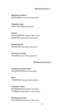 19
Липецкая область
Борьба на поясах
ПОЛЬШИНА Евгения Сергеевна
Гиревой спорт
КРИСТОВ Юрий Юрьевич
Дзюдо
ИСКЕНДЕРОВ Гафар Рафиг Оглы
КИРЕЕВ Александр Алексеевич
Киокусинкай
ПОЗДЕЕВА Наталия Сергеевна
Легкая атлетика
ЕФАНОВ Алексей Валерьевич
Московская область
Авиамодельный спорт
ТОЛПЫГИН Иван Евгеньевич
Бокс
СЕМЫКИН Алексей Вадимович
Лыжные гонки
МЕДНИКОВ Дмитрий Сергеевич
РУДНЕВА Екатерина Геннадьевна
Подводный спорт
МАЛИКОВ Владимир Сергеевич
 
