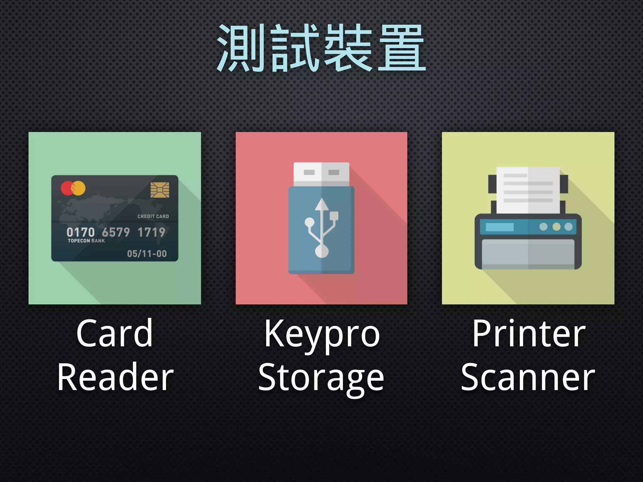 測試裝置
Card
Reader
Keypro
Storage
Printer
Scanner
 