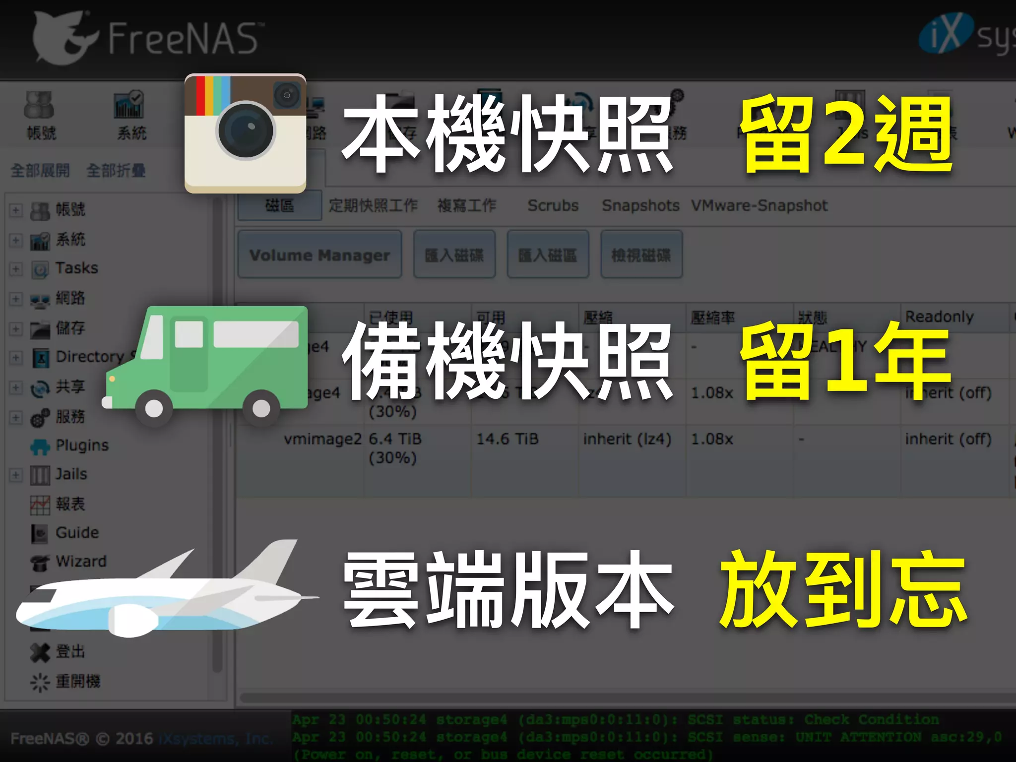 本機快照 留留2週
備機快照 留留1年年
雲端版本 放到忘 
 