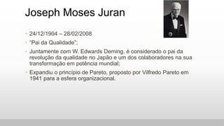 Joseph Moses Juran
• 24/12/1904 – 28/02/2008
• “Pai da Qualidade”;
• Juntamente com W. Edwards Deming, é considerado o pai...