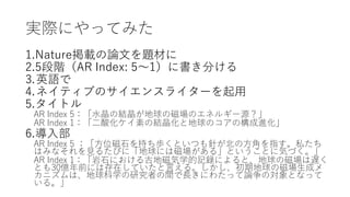 実際にやってみた
1.Nature掲載の論文を題材に
2.5段階（AR Index: 5～1）に書き分ける
3.英語で
4.ネイティブのサイエンスライターを起用
5.タイトル
AR Index 5：「水晶の結晶が地球の磁場のエネルギー源？」
AR Index 1：「二酸化ケイ素の結晶化と地球のコアの構成進化」
6.導入部
AR Index 5 ：「方位磁石を持ち歩くといつも針が北の方角を指す。私たち
はみなそれを見るたびに「地球には磁場がある」ということに気づく。」
AR Index 1：「岩石における古地磁気学的記録によると、地球の磁場は遅く
とも30億年前には存在していたと言える。しかし、初期地球の磁場生成メ
カニズムは、地球科学の研究者の間で長きにわたって論争の対象となって
いる。」
 