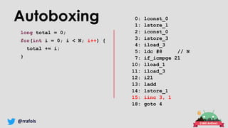 @rrafols
Autoboxing
long total = 0;
for(int i = 0; i < N; i++) {
total += i;
}
0: lconst_0
1: lstore_1
2: iconst_0
3: istore_3
4: iload_3
5: ldc #8 // N
7: if_icmpge 21
10: lload_1
11: iload_3
12: i2l
13: ladd
14: lstore_1
15: iinc 3, 1
18: goto 4
 
