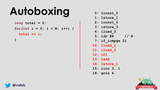 @rrafols
Autoboxing
long total = 0;
for(int i = 0; i < N; i++) {
total += i;
}
0: lconst_0
1: lstore_1
2: iconst_0
3: istore_3
4: iload_3
5: ldc #8 // N
7: if_icmpge 21
10: lload_1
11: iload_3
12: i2l
13: ladd
14: lstore_1
15: iinc 3, 1
18: goto 4
 