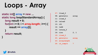 @rrafols
static int[] array = new ...
static long loopStandardArray() {
long result = 0;
for(int i = 0; i < array.length; i++) {
result += array[i];
}
return result;
}
Loops - Array
07: lload_0
08: getstatic array
11: iload_2
12: iaload
13: i2l
14: ladd
15: lstore_0
16: iinc 2, 1
19: iload_2
20: getstatic array
23: arraylength
24: if_icmplt 7
 
