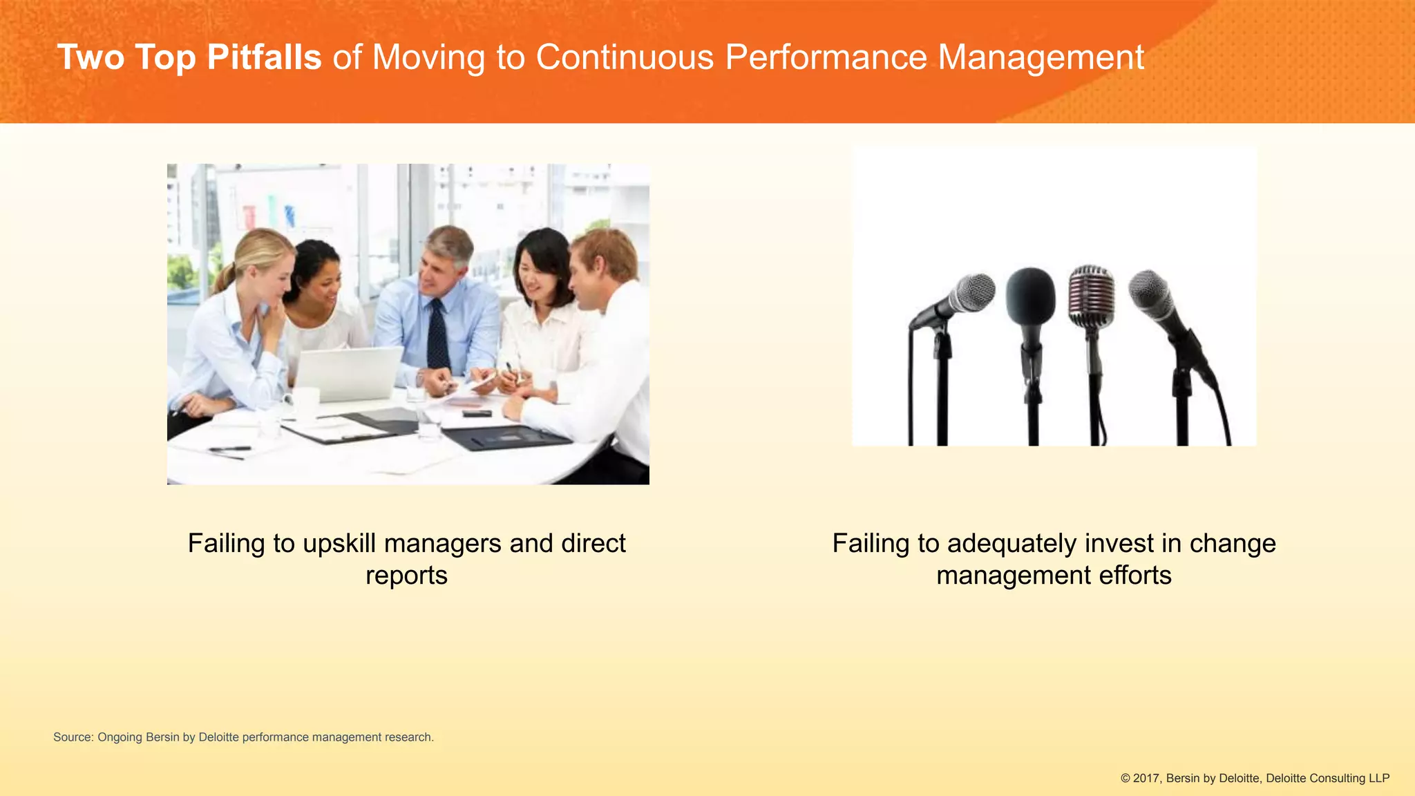 © 2017, Bersin by Deloitte, Deloitte Consulting LLP
Two Top Pitfalls of Moving to Continuous Performance Management
Failing to upskill managers and direct
reports
Failing to adequately invest in change
management efforts
Source: Ongoing Bersin by Deloitte performance management research.
 