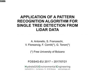 APPLICATION OF A PATTERN
RECOGNITION ALGORITHM FOR
SINGLE TREE DETECTION FROM
LiDAR DATA
FOSS4G-EU 2017 – 2017/07/21
A. Antonello, S. Franceschi,
V. Floreancig, F. Comiti(*), G. Tonon(*)
(*) Free University of Bolzano
 