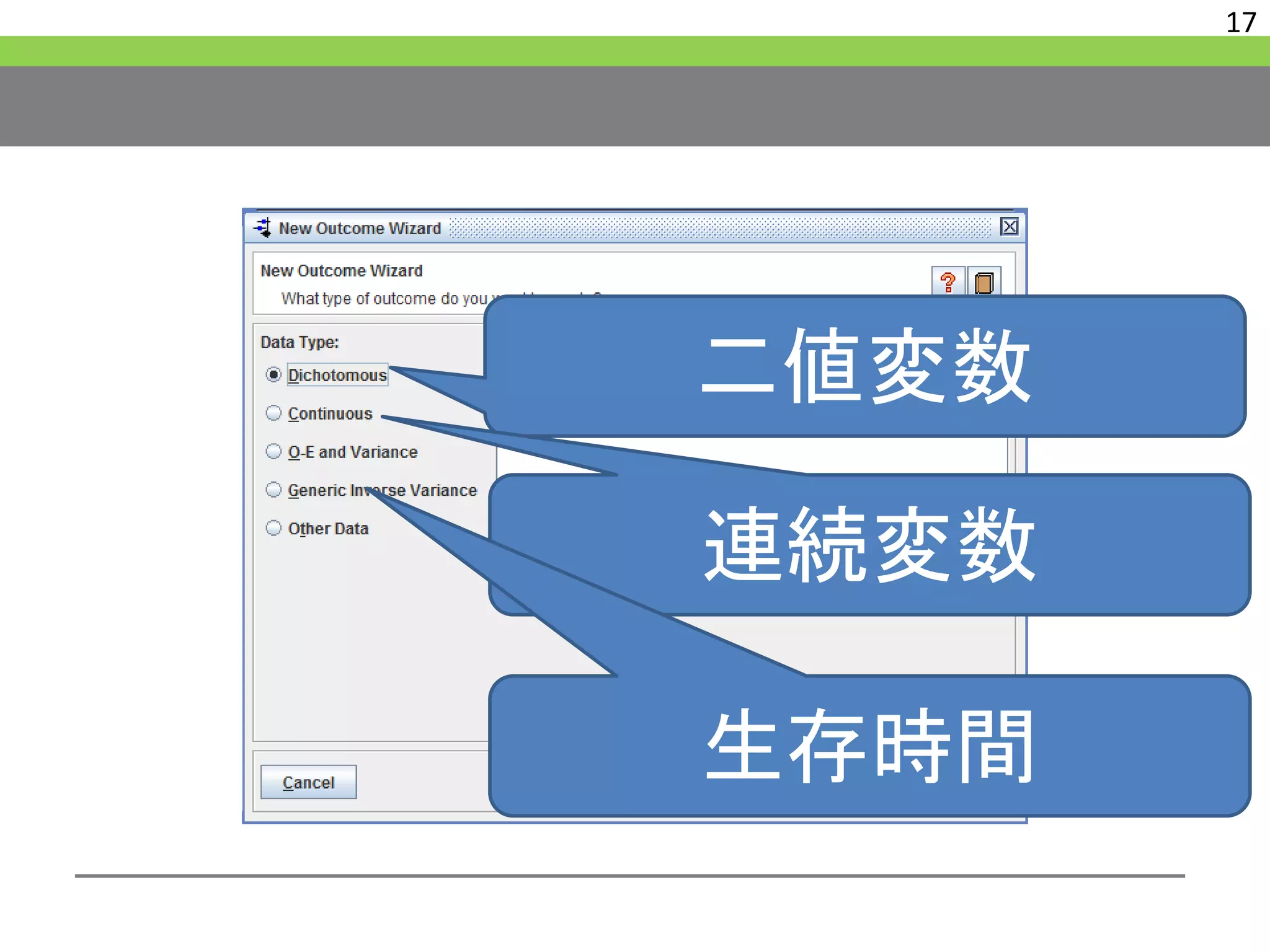17
二値変数
連続変数
生存時間
 