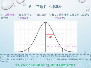 ５．正規性・標準化
○ 正規分布： 左右対称で、中央に山が１つあり、両すそがなだらかに広がっ
た分布 ＝歪度が0 ＝尖度が0
1SD
34.1% 13.6% 2.1% 0.1%
☆ 十分に大きい母集団を仮定していれば、母集団は正規分布していると考えてよい
☆ 十分に大きい母集団からランダムサンプリングをすれば、標本の分布は正規分布に近づく(中心
極限定理)
サンプルサイズが極端に小さい場合は正規性に注意！
 