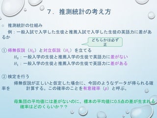 ７．推測統計の考え方
○ 推測統計の仕組み
例：一般入試で入学した生徒と推薦入試で入学した生徒の英語力に差があ
るか
① 帰無仮説（𝐻0）と対立仮説（𝐻1）を立てる
𝐻0：一般入学の生徒と推薦入学の生徒で英語力に差がない
𝐻1：一般入学の生徒と推薦入学の生徒で英語力に差がある
② 検定を行う
帰無仮説が正しいと仮定した場合に、今回のようなデータが得られる確
率を 計算する。この確率のことを有意確率（p）と呼ぶ。
母集団の平均値には差がないのに、標本の平均値に0.5点の差が生まれる
確率はどのくらいか？？
どちらかは必ず
正
 