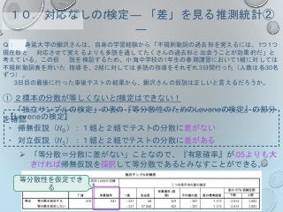 Ｑ： 身延大学の鰍沢さんは、自身の学習経験から「不規則動詞の過去形を覚えるには、1つ1つ
現在形と 対応させて覚えるよりも多読を通してたくさんの過去形と出会うことが効果的だ」と
考えている。この仮 説を検証するため、小海中学校の1年生の春期講習において1組に対しては
不規則動詞表を用いた 指導を、2組に対しては多読の指導をそれぞれ3日間行った（人数は各30名
ずつ）。
3日目の最後に行った事後テストの結果から、鰍沢さんの仮説は正しいと言えるだろうか。
① ２標本の分散が等しくないとt検定はできない！
「独立サンプルの検定」の表の『等分散性のためのLeveneの検定』の部分
を確認
１０．対応なしのt検定― 「差」を見る推測統計②
―
【Leveneの検定】
・ 帰無仮説（𝐻0）：１組と２組でテストの分散に差がない
・ 対立仮説（𝐻1）：１組と２組でテストの分散に差がある
 「等分散＝分散に差がない」ことなので、『有意確率』が.05よりも大
きければ帰無仮説を採択して等分散であるとみなすことができる。
等分散性を仮定でき
る
 